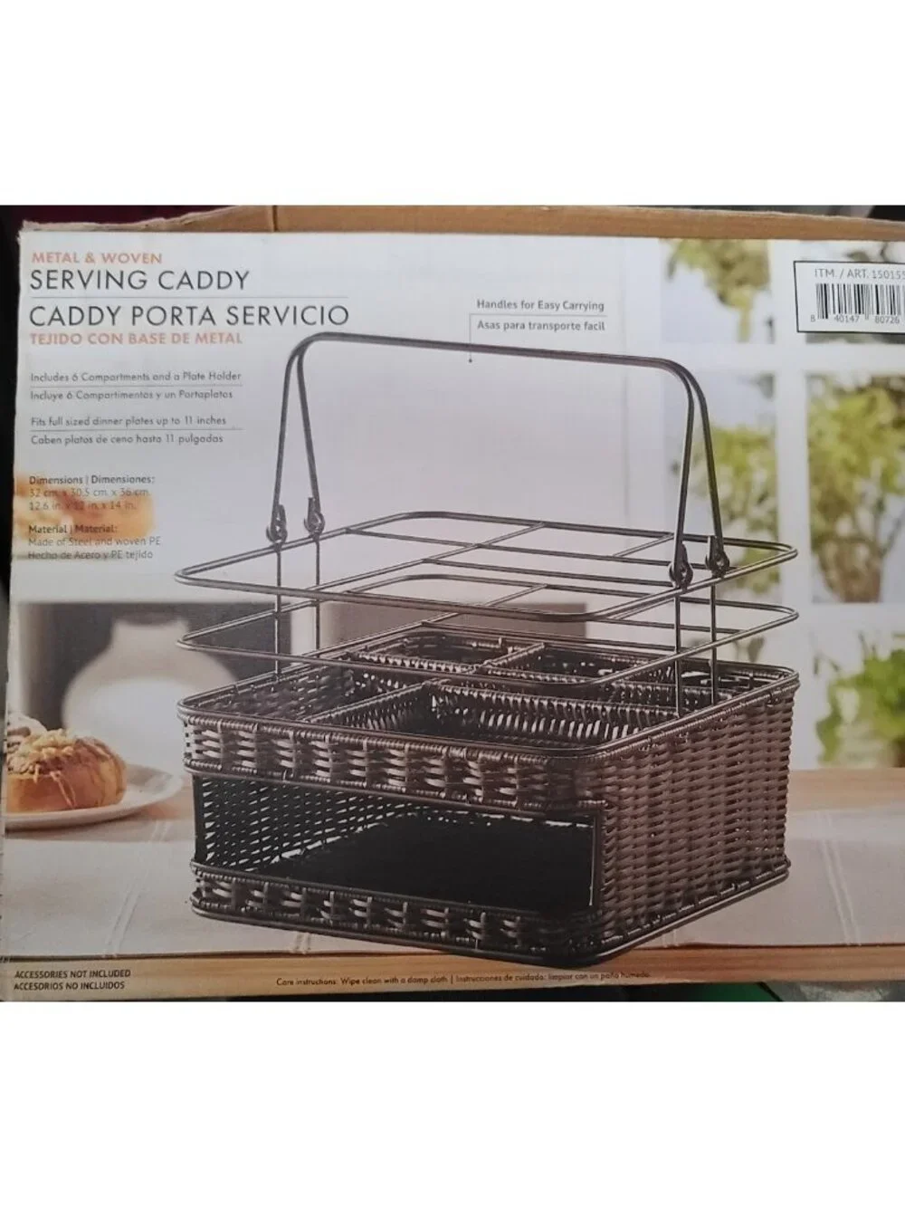 MESA Woven Rattan & Metal Serving/Picnic Caddy Organizer Utensils Dish w Handles